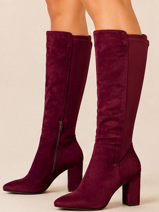 Wild Diva Shoes - Wild Diva Blake-05 Knee High Foldable Block Heel Elastic Panel Burgundy Boots